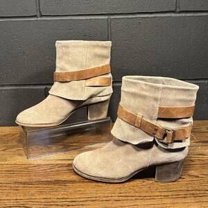 Nine West Suede Ankle Boots 8 Tan Block Heel Buckle Strap Western Boho